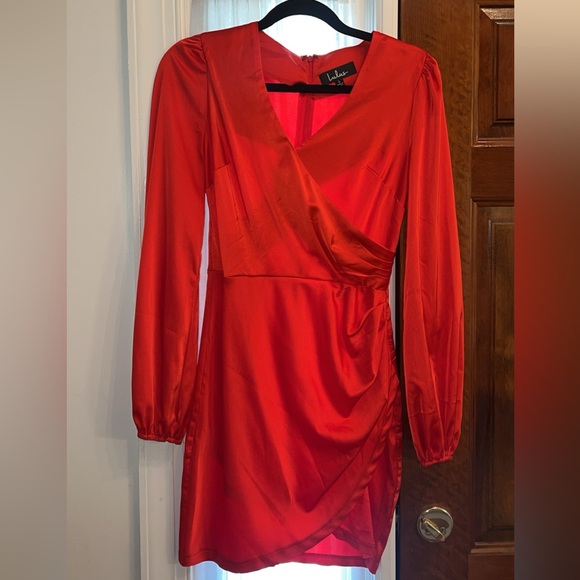 Lulus Late Night Rendezvous Red Satin Long Sleeve Dress Size Small Surplus Neck - Picture 8 of 10